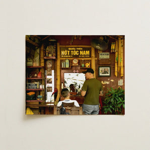 Chop - Hanoi Street Barber Photography Art Print / Canvas Rustic Wooden-framed Photograph Traditional Vietnamese Barbershop Interior