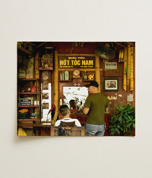 Rustic Wooden-framed Photograph Traditional Vietnamese Barbershop Interior Bamboo Hanoi Street Photography, Chop Art, Captivating Fine