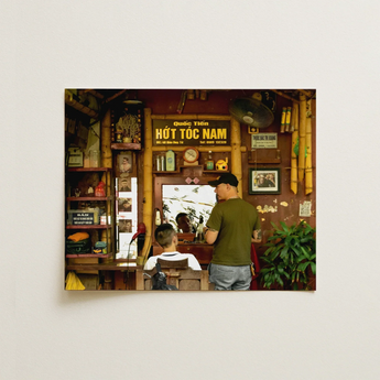 Chop - Hanoi Street Barber Photography Art Print / Canvas Rustic Wooden-framed Photograph Traditional Vietnamese Barbershop Interior Bamboo