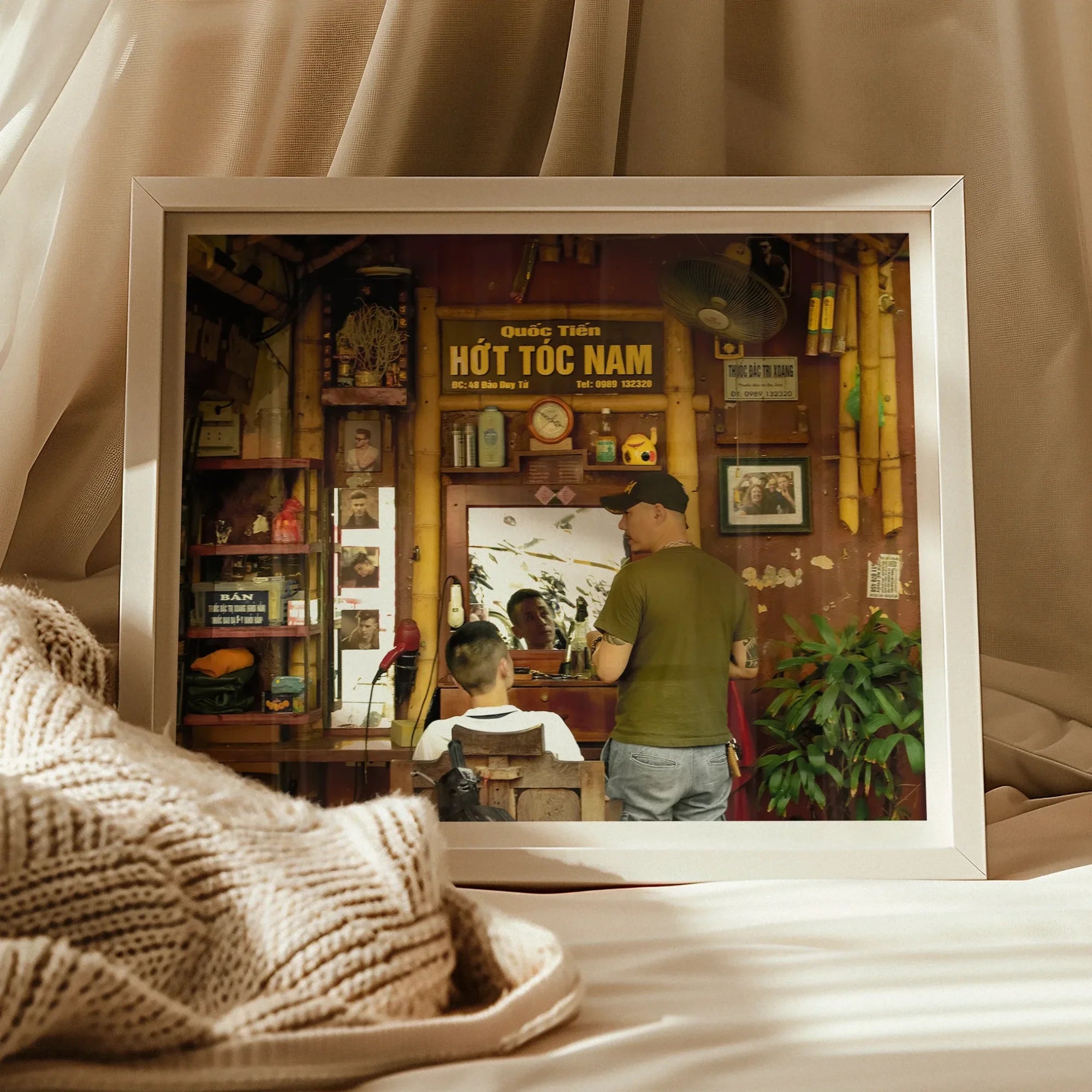 Chop Hanoi Street Barber Photography Art Print, Framed Photograph Traditional Vietnamese Barbershop Storefront