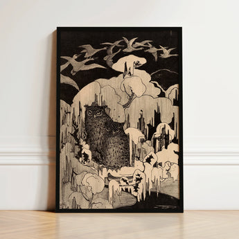 Black-framed Artwork Detailed Stylized Owl Perched Amidst Icy Hoytema Art Print, Snow Settles, Christmas Eve