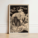 Framed Black-and-white Illustration Detailed Textured Owl Perched Amidst Hoytema Art Print, Snow Settles, Christmas Eve