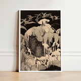 Framed Black White Illustration Two Owls Perched Amidst Hoytema Art Print, Snow Settles, Christmas Eve