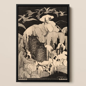Christmas Eve - Theodorus Van Hoytema Art Print / Canvas Black-framed Artwork Detailed Monochromatic Illustration Two Owls Icy Hoytema Art