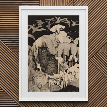 Christmas Eve - Theodorus Van Hoytema Art Print / Canvas Framed Monochrome Two Owls Amidst Winter, Snow Settles, Prints