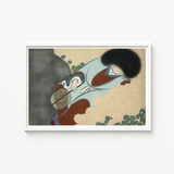 Framed Japanese Ukiyo-e Style Print Woman Traditional Attire Kamisaka Sekka Art, Translucent Powder-blue Robes, Leans Downward