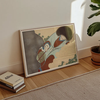 Chrysanthemums - Kamisaka Sekka Art Print / Canvas Framed Stylized Illustration Figure Traditional Attire, Translucent Powder-blue Robes,