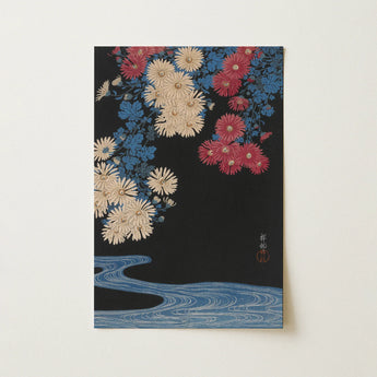 Rectangular Japanese-style Art Print Vibrant Red Cream Blue Ohara Koson, Floods, Lets Autumn Fall, Carmine Blooms Crowd