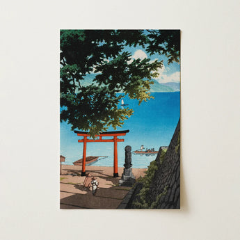 Vibrant Orange Torii Gate Framed Lush Green Trees Chuzenji Temple, Ink Meets Paper, Utagahama, Kawase Hasui Art, Print