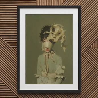 Clear Sighted - Modern Victorian Fashion Art Print / Canvas Black Framed Portrait Blindfolded Woman Ruffled Dress Floral, Hushed Opulence,