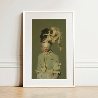 Clear Sighted - Modern Victorian Fashion Art Print / Canvas Framed Figure Muted Green Attire Ribbons, Hushed Opulence, Portrait Pulses