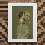 Clear Sighted - Modern Victorian Fashion Art Print / Canvas White Framed Portrait Woman Floral Headpiece Ruffled Dress, Hushed Opulence,