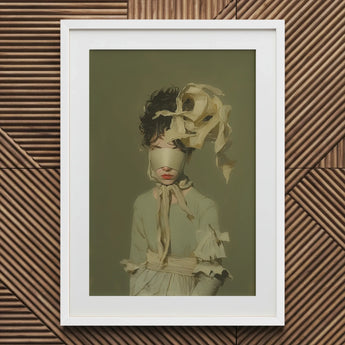 Clear Sighted - Modern Victorian Fashion Art Print / Canvas White Framed Portrait Woman Floral Headpiece Ruffled Dress, Hushed Opulence,