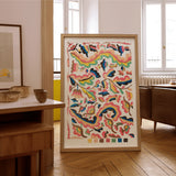Colcha - Etna Wiswall Rainbow Pattern Art Print / Canvas Framed Abstract Artwork Colorful Curved Shapes Patterns Pink Wiswall’s, Fine,