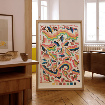 Colcha - Etna Wiswall Rainbow Pattern Art Print / Canvas Framed Abstract Artwork Colorful Curved Shapes Patterns Pink Wiswall’s, Fine,