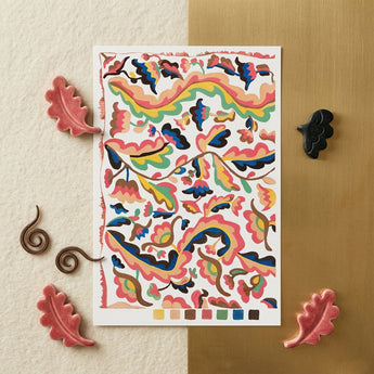 Colcha - Etna Wiswall Rainbow Pattern Art Print / Canvas Vibrant Abstractly Illustrated Rectangular Print Floral Leaf Motifs Etna Wiswall’s