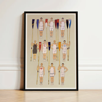 Framed Illustration Team Stylized Vintage-inspired Artwork Athletes Oars College Crews, Male Athletic Body, Ten Rowers Stands, Edward