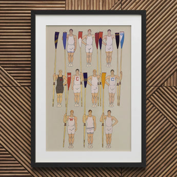 College Crews - Edward Penfield Art Print / Canvas Framed Illustration Team White Dark Athletic Gear Colorful, Male Body, Ten Rowers