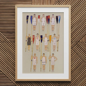College Crews - Edward Penfield Art Print / Canvas Framed Illustration Team White Dark Athletic Gear Oar, Male Body, Ten Rowers Stands,