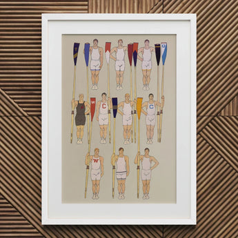 College Crews - Edward Penfield Art Print / Canvas White-framed Artwork Stylized Team Athletic Gear Oars Colorful, Male Body, Ten Rowers