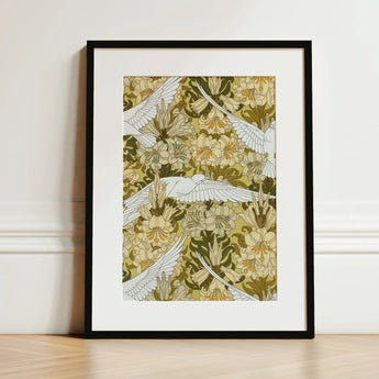 Colombes et Lis - Maurice Pillard Verneuil Art Print / Canvas Framed White Birds Flight Amidst Pattern, Nouveau Home Décor, Captivating