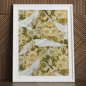 Colombes et Lis - Maurice Pillard Verneuil Art Print / Canvas Framed White Doves Flight Amidst Pattern, Nouveau Home Décor, Captivating