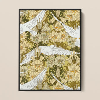 Colombes et Lis - Maurice Pillard Verneuil Art Print / Canvas Framed Art Print White Doves Flight Amidst Pattern Pillard Verneuil, Nouveau