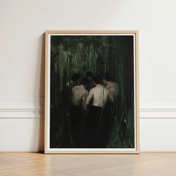 Framed Artwork Group Shirtless Men Dense Dark Green Secret Gay Orgy, Five Figures Coil, Orgyn Art Print
