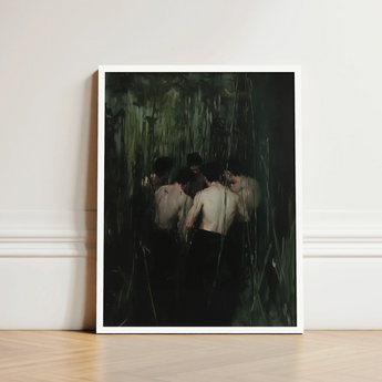 Framed Art Print Moody Dark Green Black Painting Secret Gay Orgy, Five Figures Coil, Orgyn