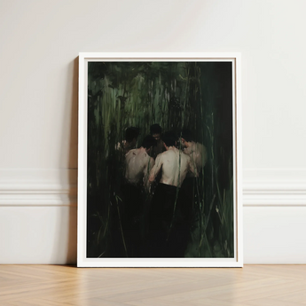 Framed Artwork Group Shirtless Men Tall Dark Green Secret Gay Orgy, Five Figures Coil, Orgyn Art Print