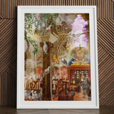 Conference of the Birds - Surreal Bird Collage Art Print Framed Artwork Vibrant Surreal Scene Birds Perched Ornate Bird Collage, Feathered