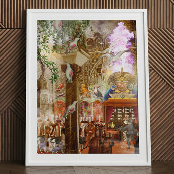 Conference of the Birds - Surreal Bird Collage Art Print Framed Artwork Vibrant Scene Perched Ornate, Feathered Wisdom, Toby Leon Prints