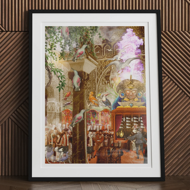 Conference of the Birds - Surreal Bird Collage Art Print, Framed Artwork Whimsical Colorful Indoor Scene People Animals