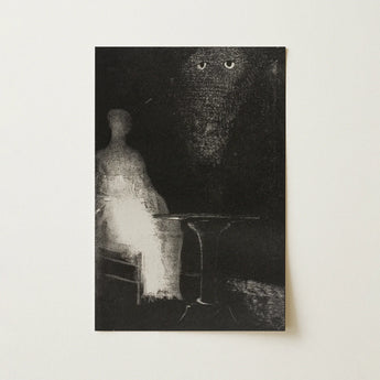 Black White Textured Print Ghostly Figure Seated Table Pale Blue Misty, Outline, Human, Art, Odilon Redon