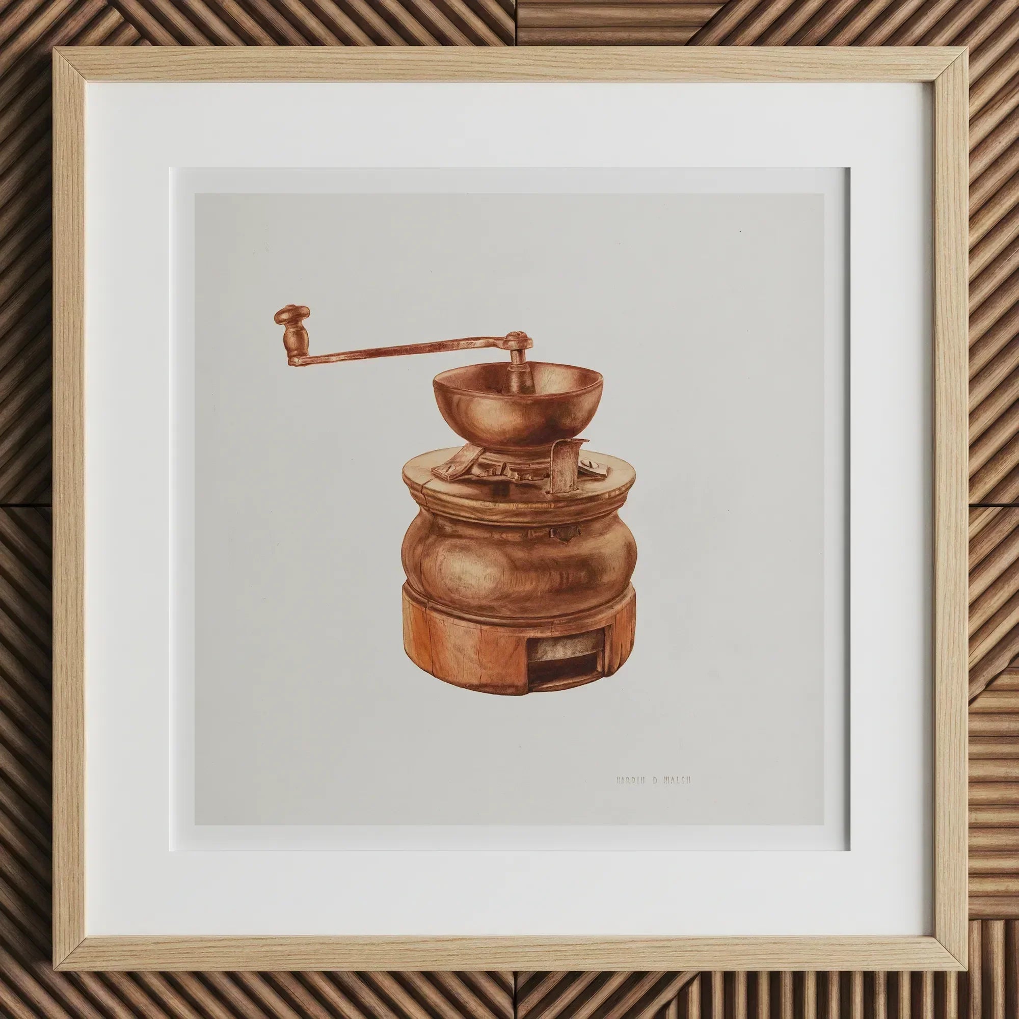 Copper Coffee Grinder - Hardin Walsh 1930s Kitchen Art Print, 12x12’’ / 31x31cm / Natural Frame / 2’’ Matboard, Framed Watercolor Painting
