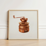 Framed Watercolor Illustration Vintage Copper Coffee Grinder Hand Hardin Walsh’s 1930s, Kitchen Art