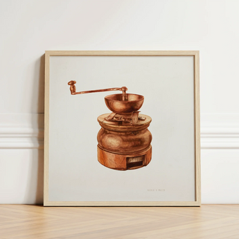 Framed Watercolor Illustration Vintage Copper Coffee Grinder Hand Hardin Walsh’s 1930s, Kitchen Art