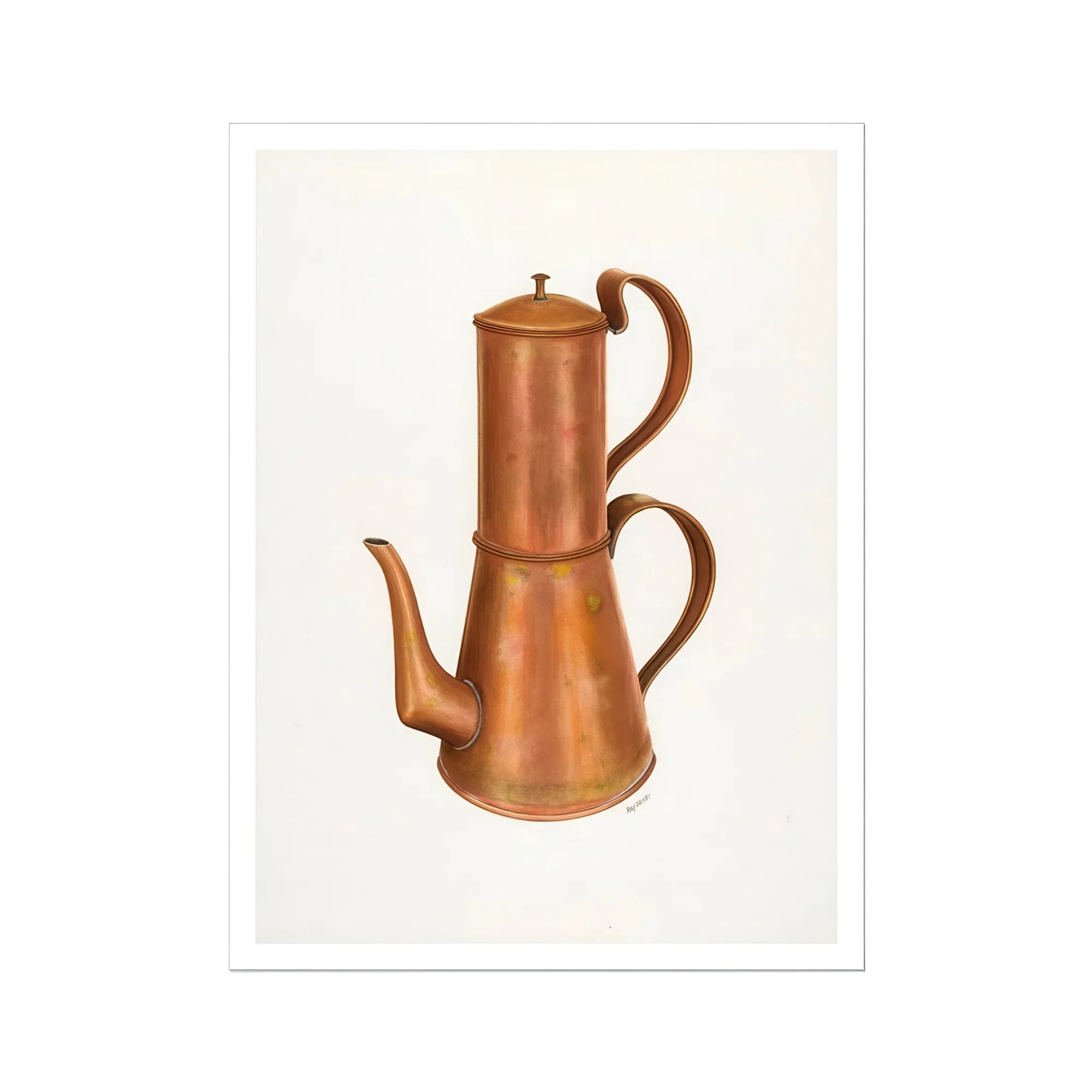 Copper Coffee Pot - Ray Price 1930s Kitchen Art Print, Copper Coffee Pot Two Stacked Chambers Curved Spout