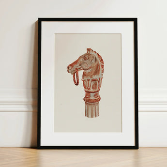 Copper Hitching Post - Gerard Barnett Horse Art Print / Canvas Framed Artwork Reddish-brown Stylized Head Decorative Mane, Sepia-toned