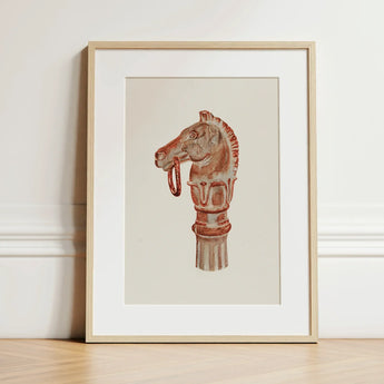 Copper Hitching Post - Gerard Barnett Horse Art Print / Canvas Framed Artwork Reddish-brown Ornate Head Chess Piece Decorative, Sepia-toned