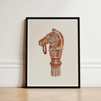 Copper Hitching Post - Gerard Barnett Horse Art Print / Canvas Framed Illustration Reddish-brown Head Decorative Mane Ring, Sepia-toned