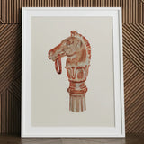 Copper Hitching Post - Gerard Barnett Horse Art Print / Canvas Framed Artwork Reddish-brown Stylized Head Decorative Mane, Sepia-toned