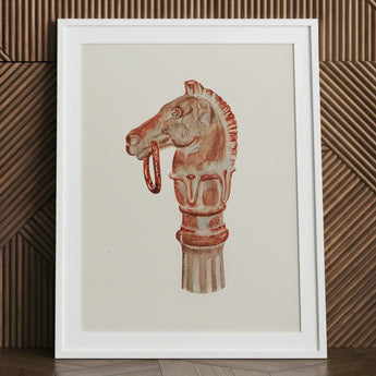 Copper Hitching Post - Gerard Barnett Horse Art Print / Canvas Framed Artwork Reddish-brown Stylized Head Decorative Mane, Sepia-toned