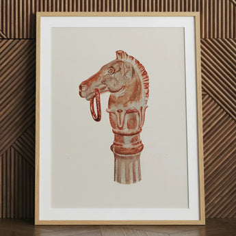 Copper Hitching Post - Gerard Barnett Horse Art Print / Canvas Framed Artwork Reddish-brown Stylized Head Decorative Mane, Sepia-toned
