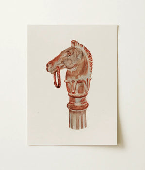 Watercolor Illustration Vintage-style Horse Head Finial Reddish-brown Muted Gerard Barnett Decorative, Sepia-toned Equestrian Print,