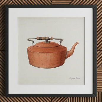 Copper Tea Kettle - Lámina artística de cocina de los años 30 de Eugene Croe / Lienzo, 12x12’’ / 31x31cm / Marco negro / Paspartú, Posters Prints & Visual