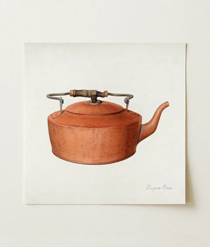 Watercolor Painting Vintage Copper Kettle Dark Wooden Handle Eugene Croe’s Mesmerizing 1930s, Tea Print