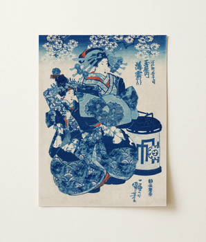 Blue White Japanese Woodblock Print Two Elegantly Dressed Art, Utagawa Kuniyoshi, Courtesan Usugumo, Pigment Crossed, Oceans