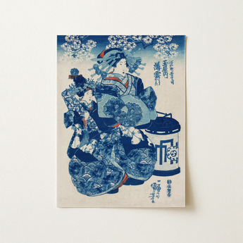 Blue White Japanese Woodblock Print Two Elegantly Dressed Art, Utagawa Kuniyoshi, Courtesan Usugumo, Pigment Crossed, Oceans