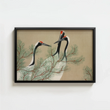 Black-framed Artwork Three Elegant Red-crowned Cranes Perched Among Kamisaka Sekka, Nihonga Artistry Meets Rinpa Elegance, Japanese